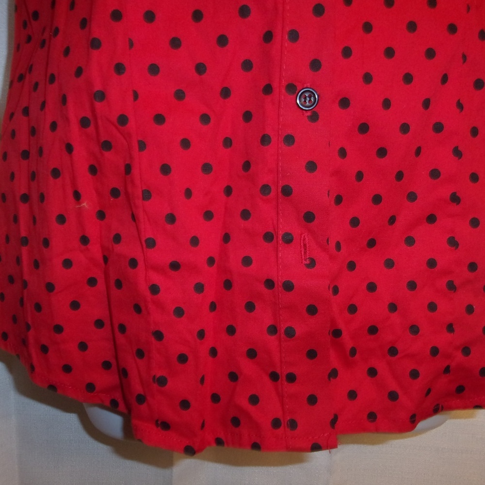 Red and Black Polka Dot Short Sleeve Button Down Blouse - Picture 2 of 8